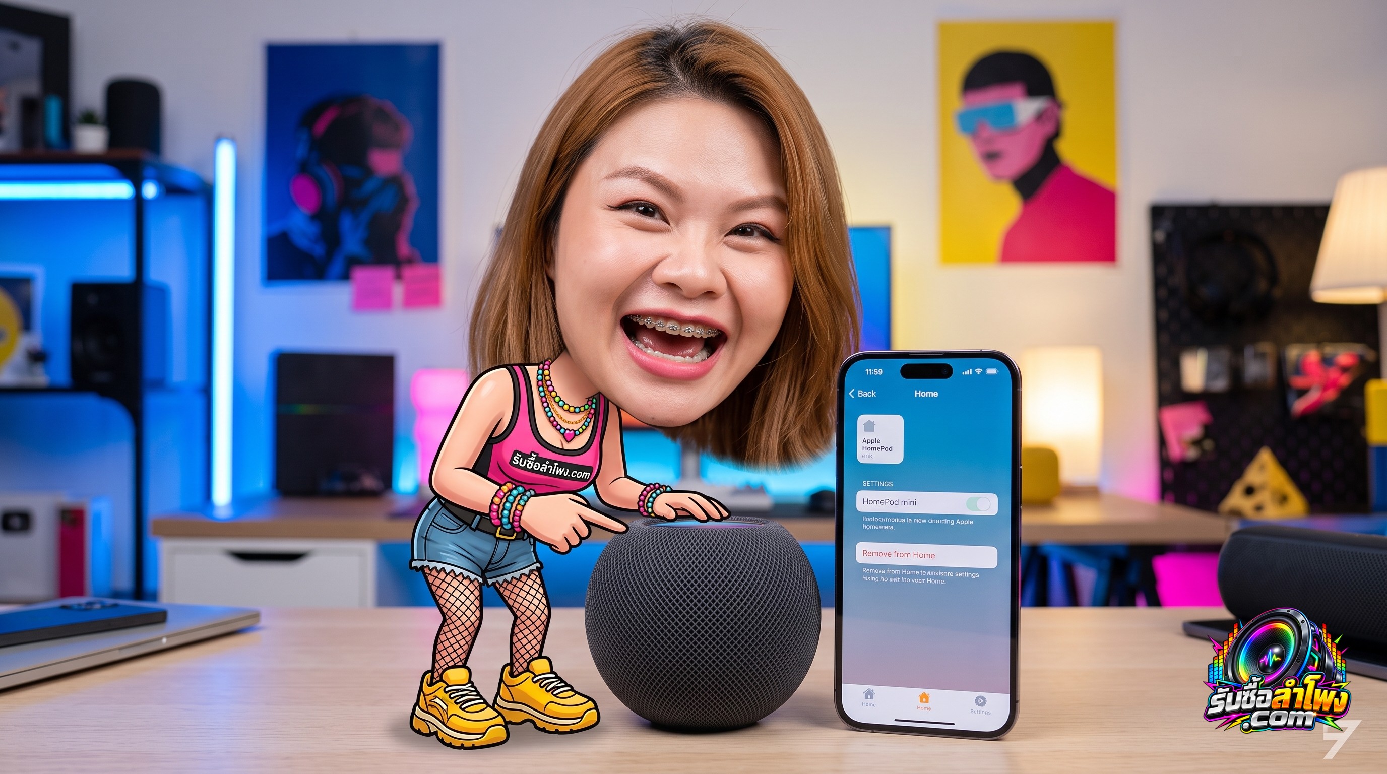 ลำโพง Apple HomePod mini วางคู่กับสมาร์ตโฟนแสดงหน้าจอการตั้งค่าก่อนส่งขายลำโพงมือสอง