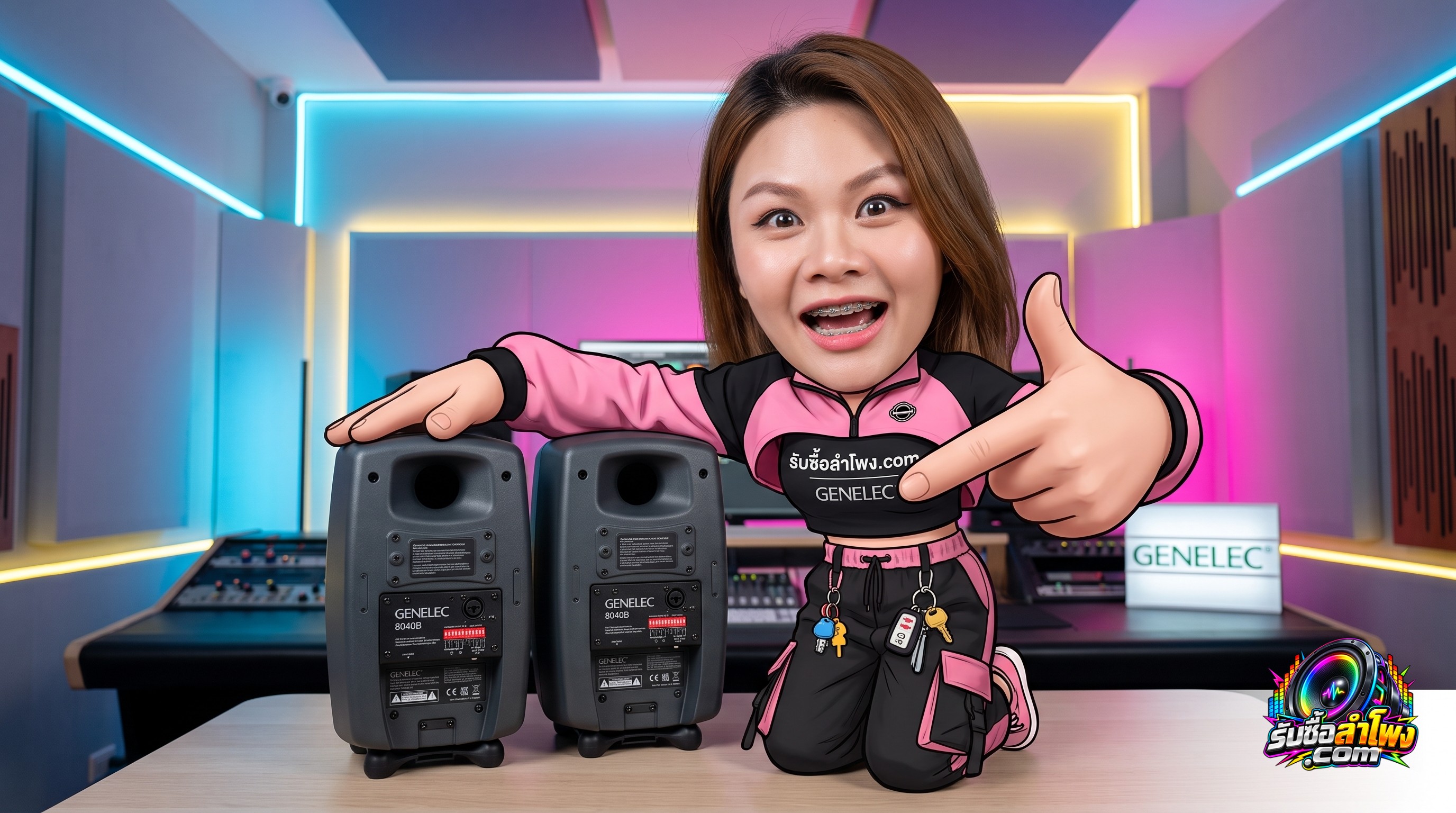 ลำโพงสตูดิโอมอนิเตอร์ Genelec 8040B แสดงตัวตู้บอดี้อะลูมิเนียมและแผงสวิตช์ DIP ชดเชยเสียงด้านหลัง